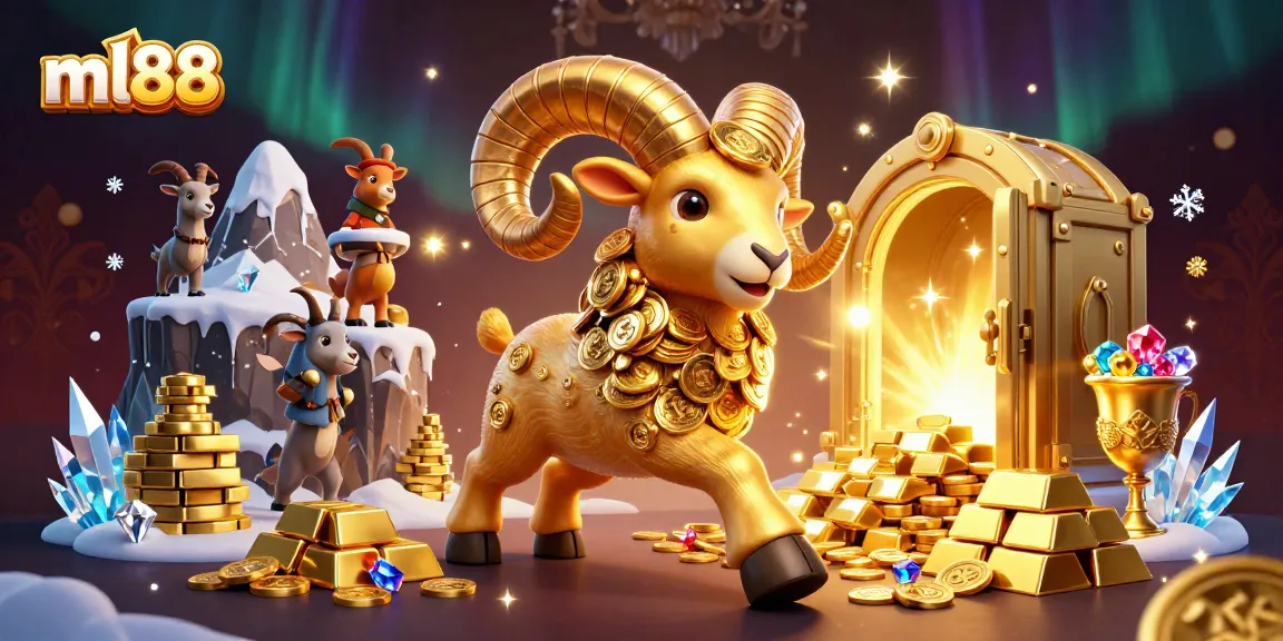 Experience thrilling action at ml88 with a cartoon golden ram charging through a treasure vault filled with riches.