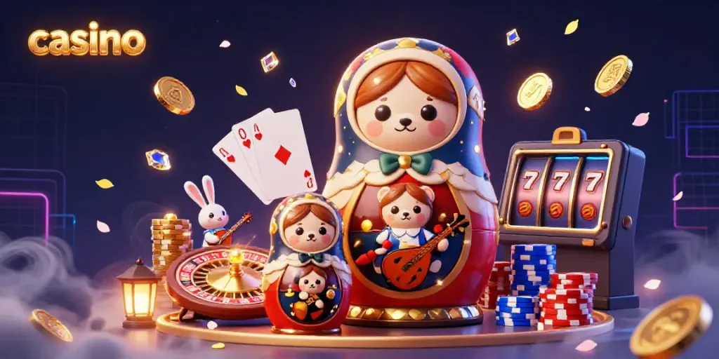 Engage with the lively casino scene featuring colorful bears, roulette, and golden coins.