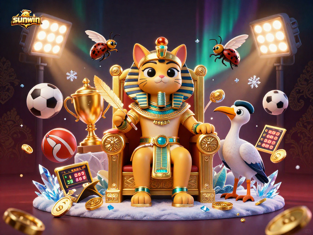 Engage in exhilarating gameplay at sunwin with 3D pharaoh cat surrounded by vibrant casino symbols and sports elements.