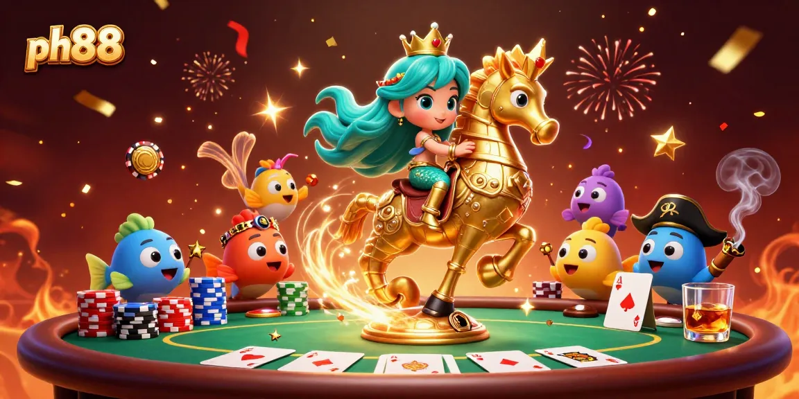 Experience the thrilling world of ph88 with a mermaid princess, giant seahorse, and poker elements in vibrant casino excitement.