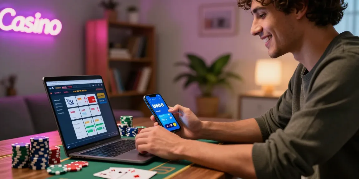 Player enjoying credit card casinos at home with laptop and smartphone, surrounded by casino-themed decor.