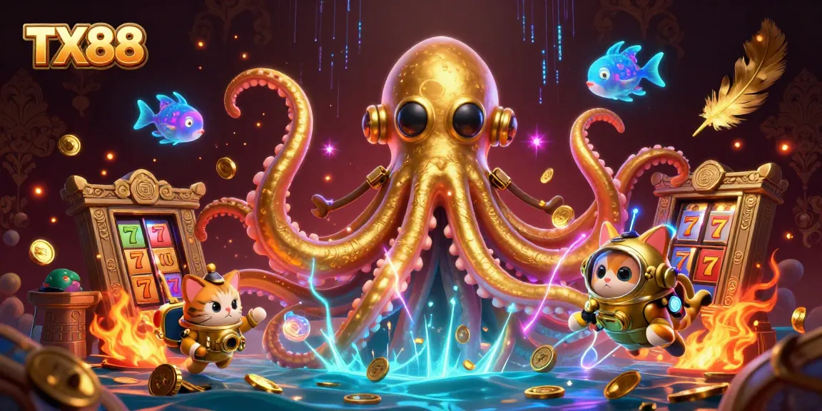 Engage in thrilling slot games with TX88 featuring a kraken, diving cat, and vibrant treasures.