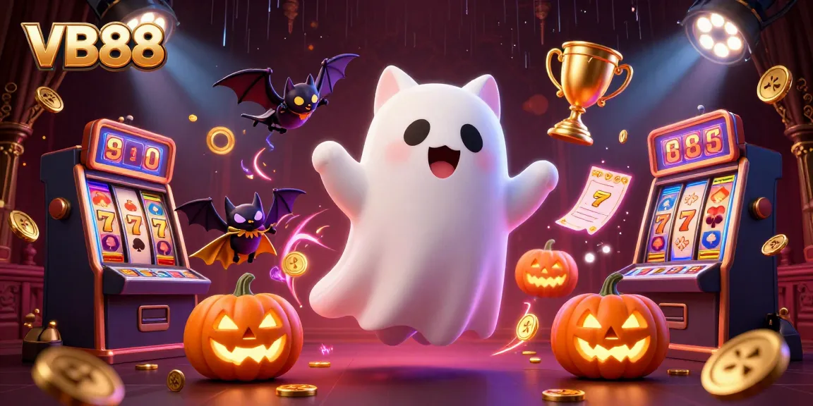Experience thrilling gameplay with VB88, featuring a friendly ghost cat in a haunted casino scene.