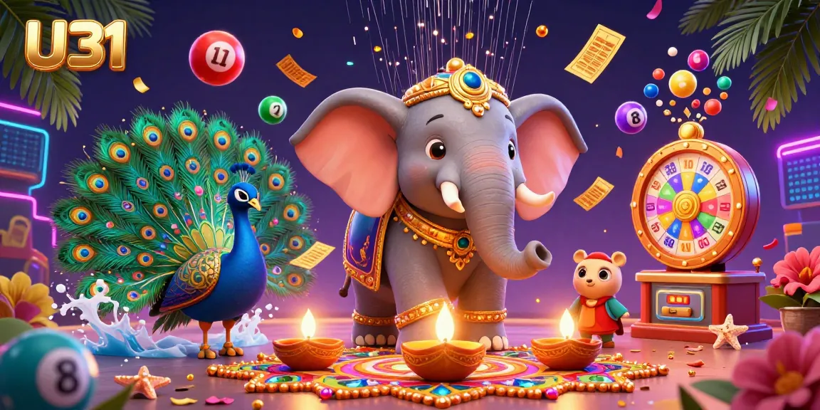 Engage in vibrant U31 gaming with a colorful 3D scene featuring a Diwali elephant, peacock, and dynamic casino elements.