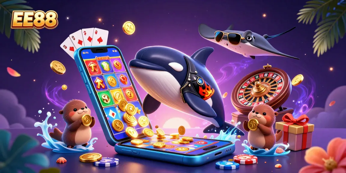 EE88 brings excitement with orca, stingray, and otters celebrating wins in vibrant, action-packed casino scene.