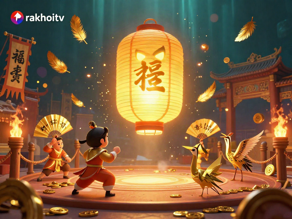 Experience the excitement of rakhoitv with captivating golden lantern spirits and casino elements in a dynamic casino scene.
