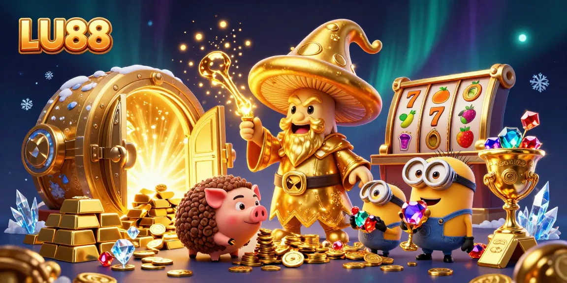 LU88 showcases a magical scene with a golden mushroom wizard and treasures in a vibrant casino setting.