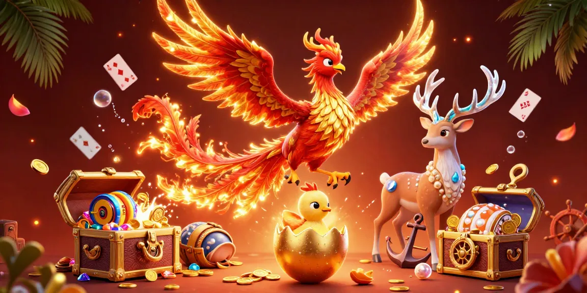 Experience thrilling gameplay with SAWA888's iconic phoenix and jackpot treasures in this vibrant scene.