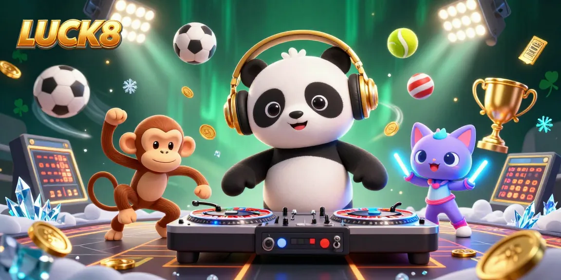 LUCK8 mang đến trải nghiệm casino tuyệt vời qua hình ảnh DJ gấu trúc, khỉ và mèo phát sáng.