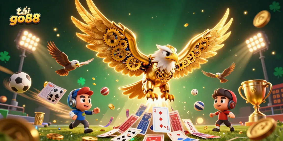 Engage with the thrilling world of tải go88, featuring a cybernetic eagle soaring through holographic cards amidst dynamic sports action.