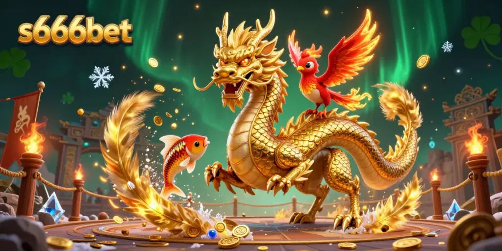 Experience the dynamic action of s666bet with a fierce dragon, phoenix, and koi in a colorful casino scene