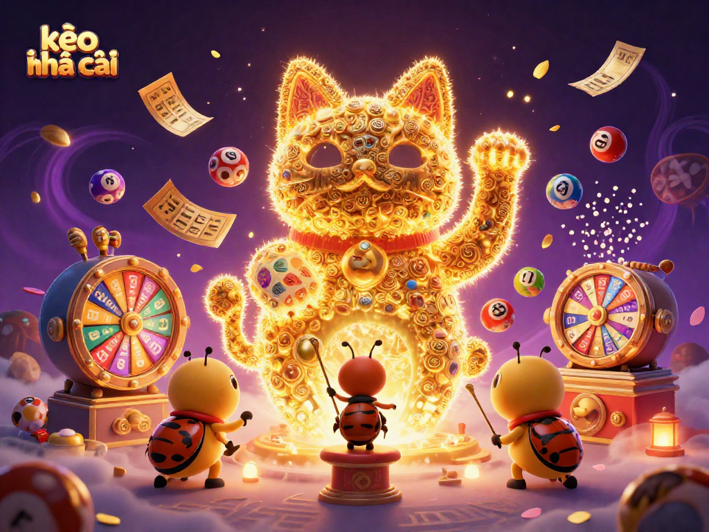 Experience the excitement of kèo nhà cái with a vibrant illustration of a lucky cat and colorful games.