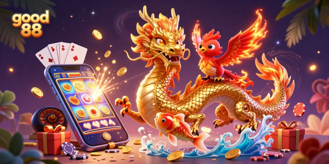 Experience excitement with good 88 in this vibrant casino scene featuring a golden dragon and phoenix.