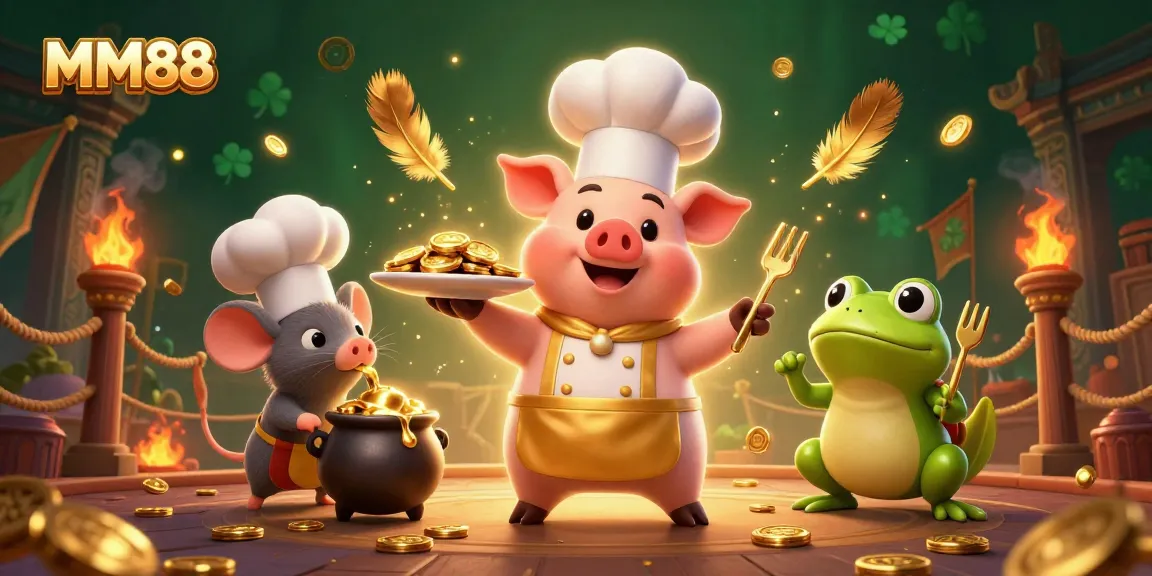Experience the excitement of MM88 with a vibrant scene of entertaining characters and gold coins.