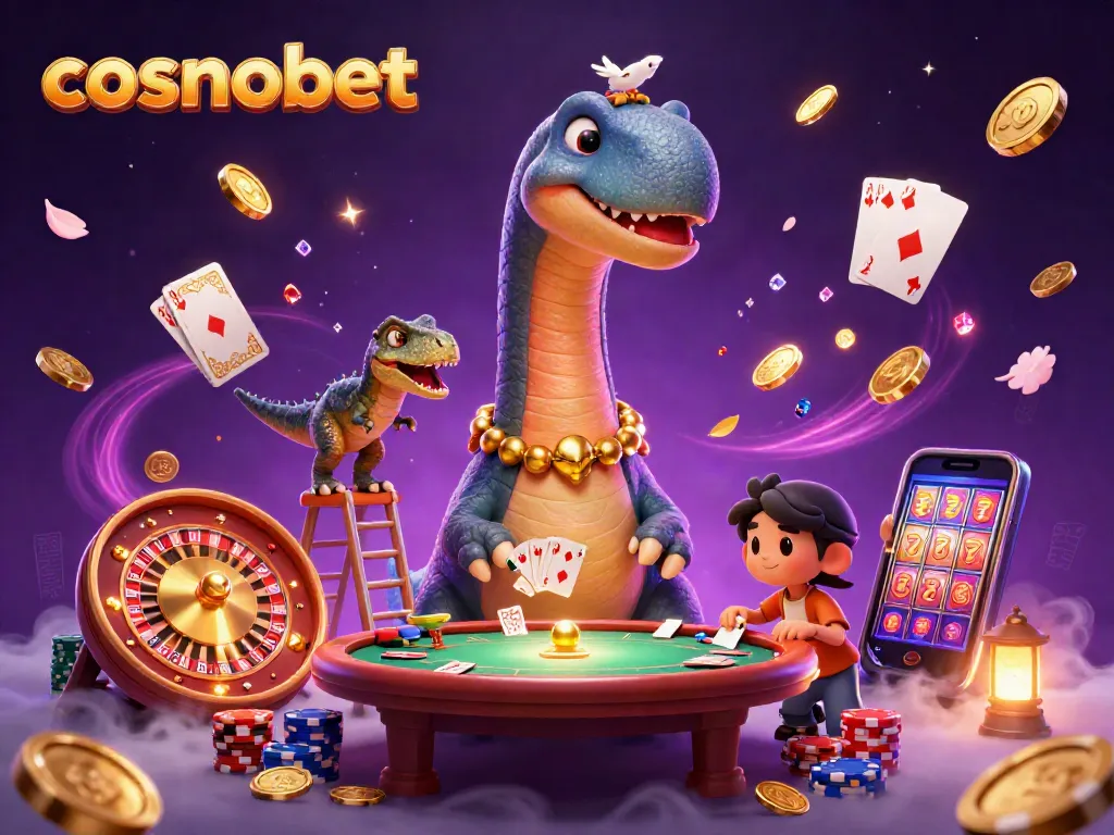 Experience the excitement of cosmobet with a 3D casino scene filled with dynamic characters and game elements.