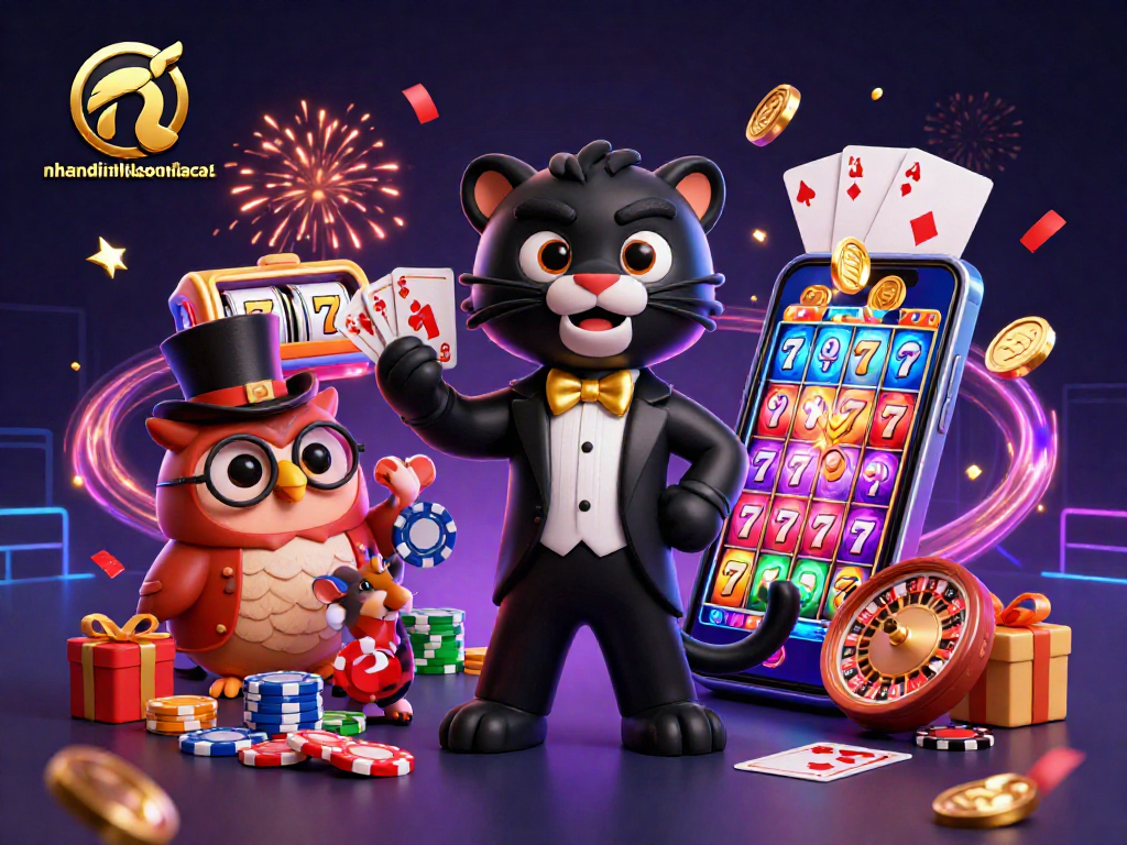 Experience nhandinhkeonhacai with a stylish panther, owl, and mouse amidst vibrant slot reels and confetti.