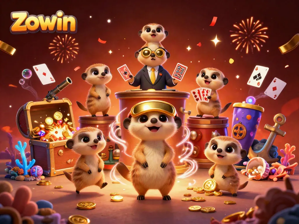 Engage in thrilling gameplay at Zowin's vibrant casino with charming meerkats celebrating wins.
