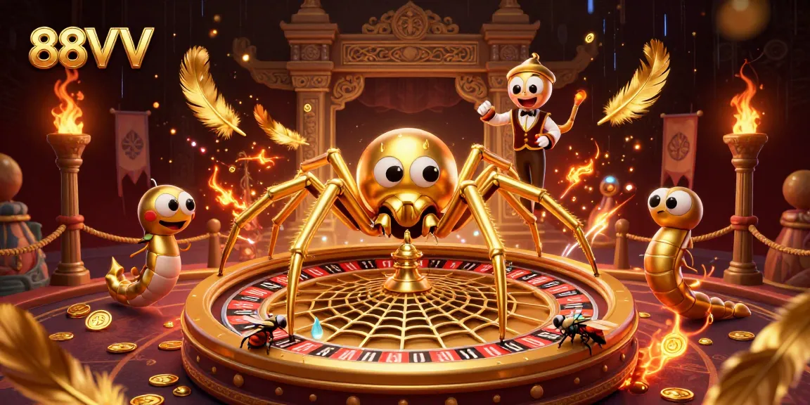 Engage with the thrilling 88VV casino experience as a golden spider and centipede croupier create a dazzling gaming scene.