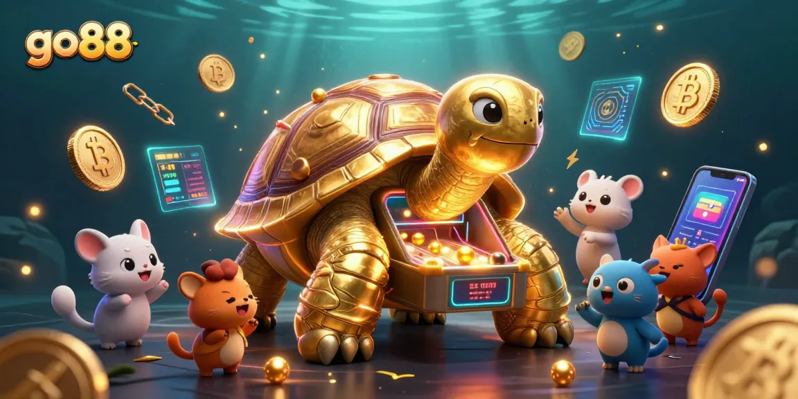 Engage with go88 through a vibrant scene featuring a colossal tortoise pinball machine and crypto elements.