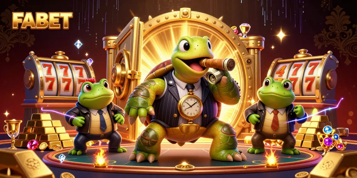 FABET showcases a lively casino scene featuring a snapping turtle and bullfrog enforcers in a dynamic gambling atmosphere.