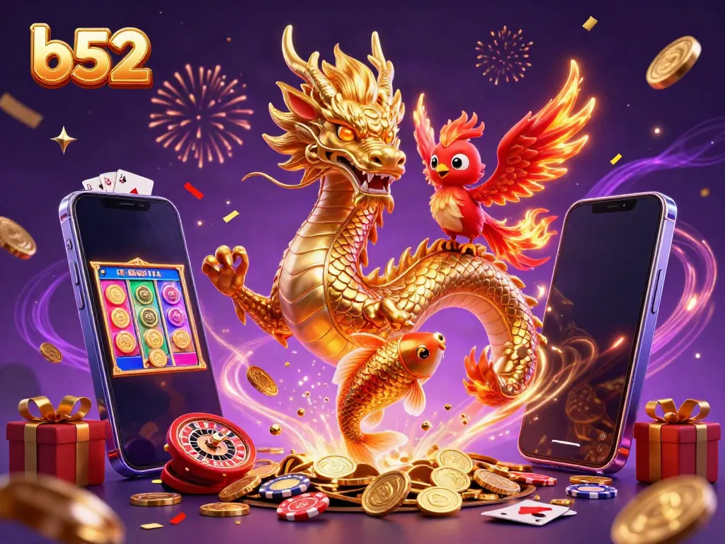 Experience thrilling gameplay at B52 with our dynamic dragon and phoenix illustration surrounded by exciting casino elements.