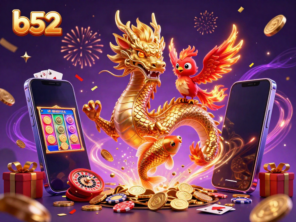 Experience thrilling gameplay at B52 with our dynamic dragon and phoenix illustration surrounded by exciting casino elements.