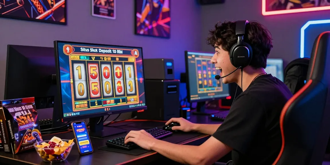 Player engaging with situs slot deposit 10 ribu online gaming experience in colorful casino atmosphere.