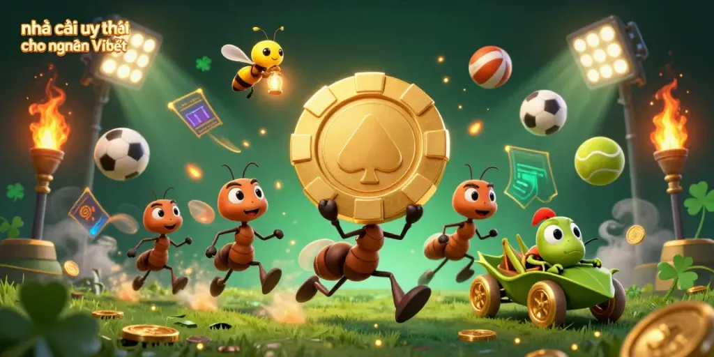 Engaging illustration of ants and a grasshopper in a gambling heist, showcasing nhà cái uy tín cho người Việt in an exciting 3D casino scene.