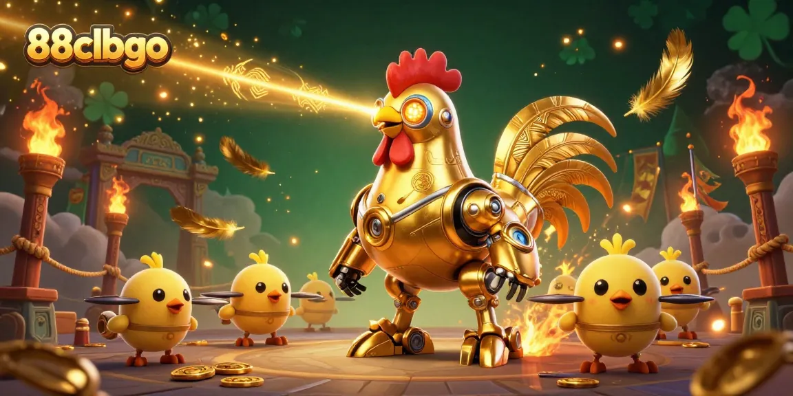 Engage with 88clbgo's vibrant casino scene featuring golden rooster robot and baby chick drones.