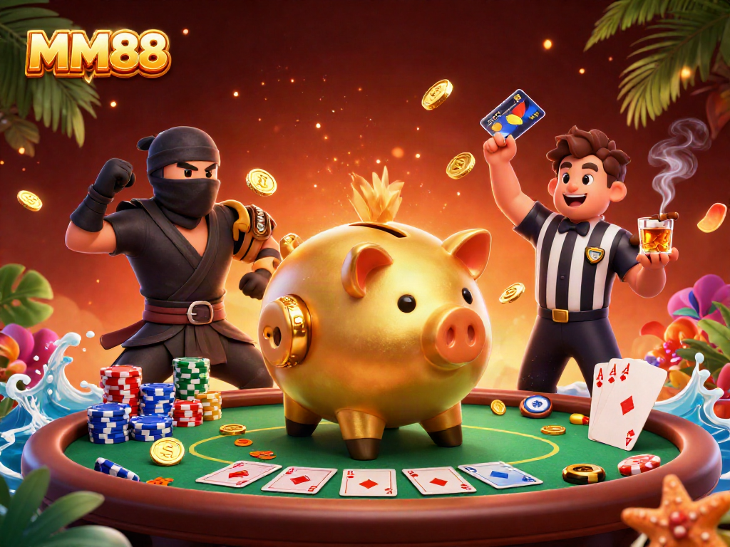 Engage in thrilling gameplay with the dynamic MM88 scene featuring an epic sumo wrestler and casino elements.