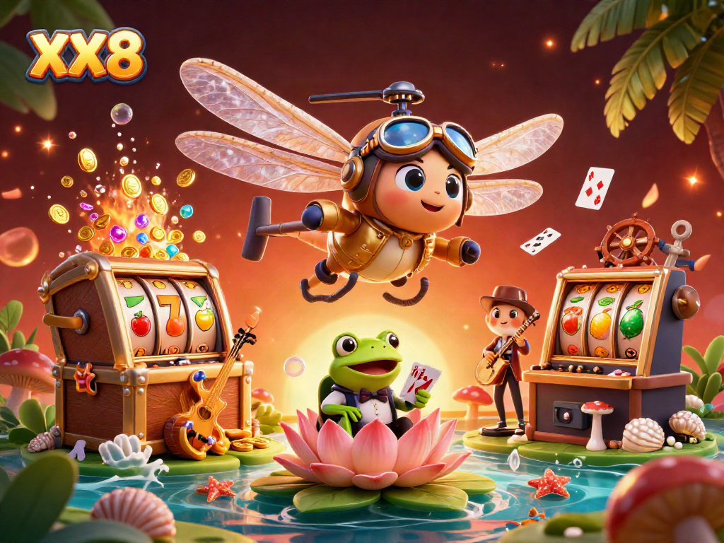 Experience gaming excitement at XX 8 with a vibrant casino scene featuring dynamic characters and symbols.