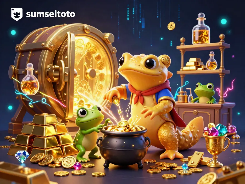 Experience winnings with sumseltoto in a vibrant casino scene filled with gold and treasures.