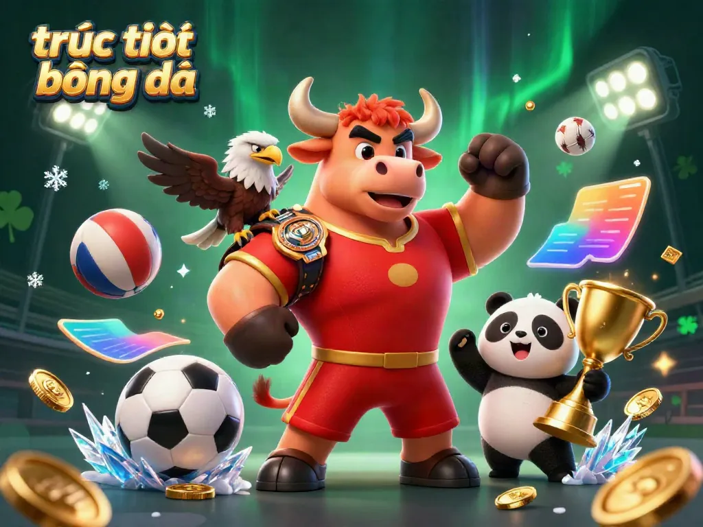 Engage in trực tiếp bóng đá with a vibrant scene featuring a bull, eagle, and panda celebrating victory.