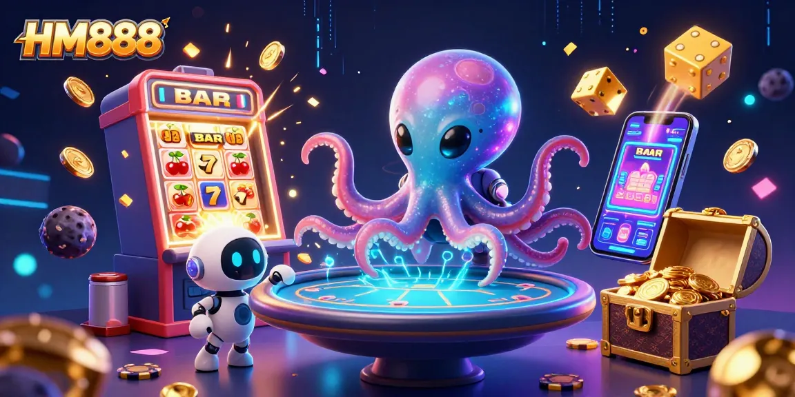 Engage in thrilling gameplay with HM888 and witness an alien octopus at a floating poker table!