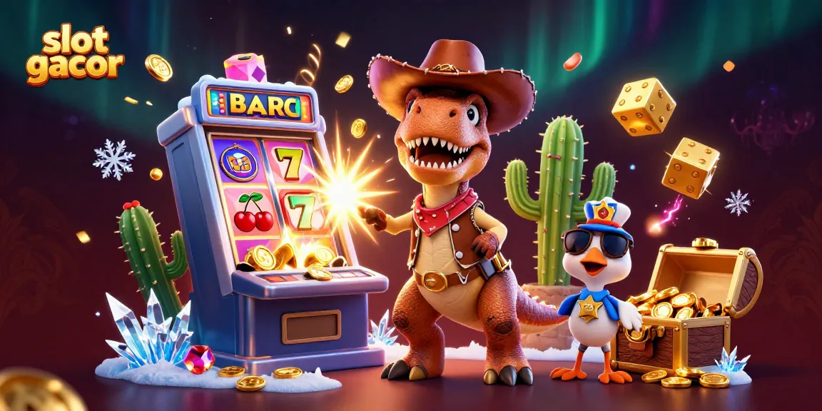 Experience thrilling slot gacor wins with a cartoon T-Rex and exciting game elements in this vibrant casino illustration.