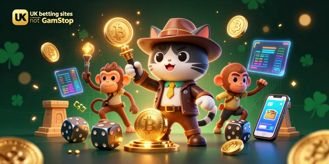 Engage with UK betting sites not on GamStop featuring a cat explorer uncovering treasures amidst vibrant casino elements.