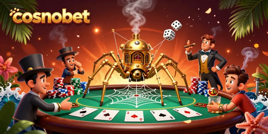 Experience thrilling gaming action at Cosmobet with a dynamic steampunk casino scene and vibrant poker elements.
