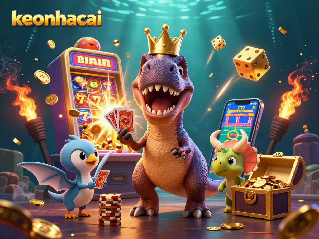 Engage in thrilling keonhacai action featuring cartoon dinosaurs playing cards and stacking chips amid a vibrant casino scene.