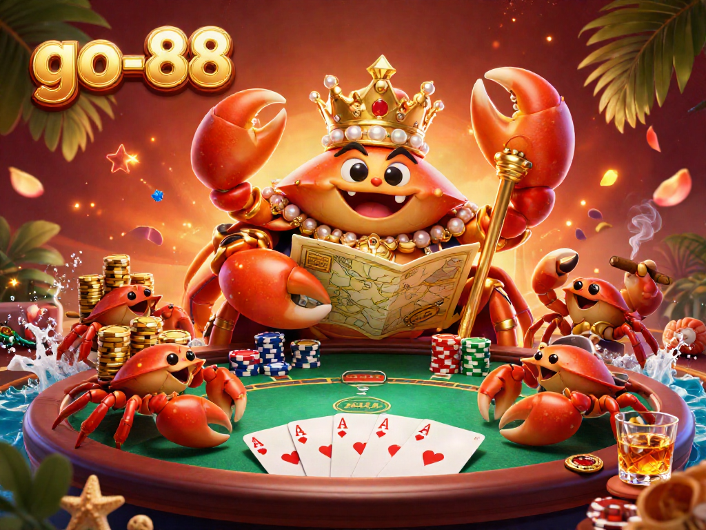 Experience the vibrant world of go-88 with a golden crab emperor, poker chips, and colorful game elements.