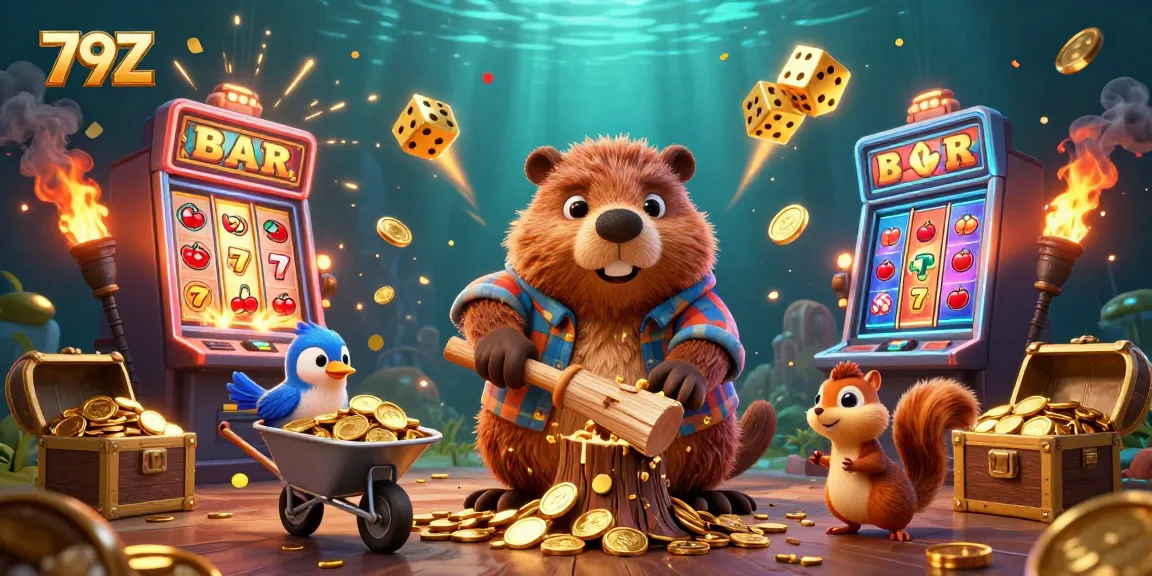 Experience the thrill of 79Z with a vibrant 3D illustration showcasing a beaver, bird, and squirrel amidst casino elements.