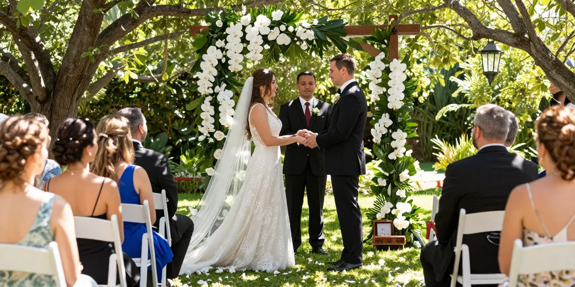 Couple exchanging vows in a garden wedding, showcasing a stunning diamond wedding ring.
