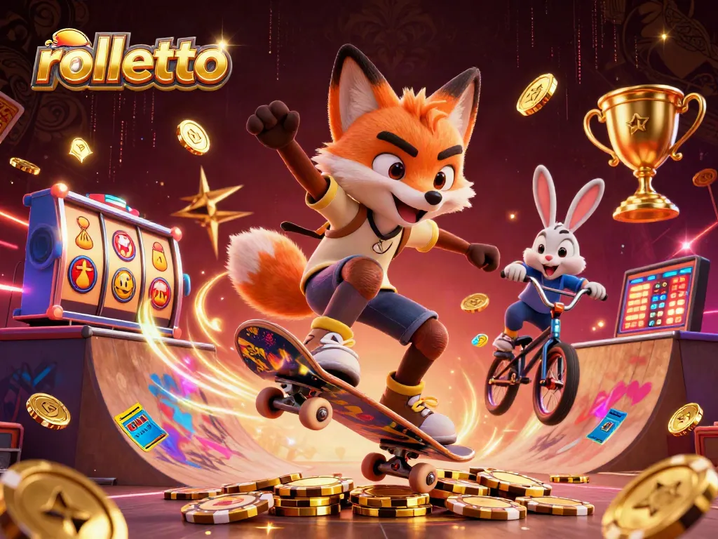 Experience rolletto's exciting gaming world with a skateboarder and BMX rabbit in a vibrant casino scene.