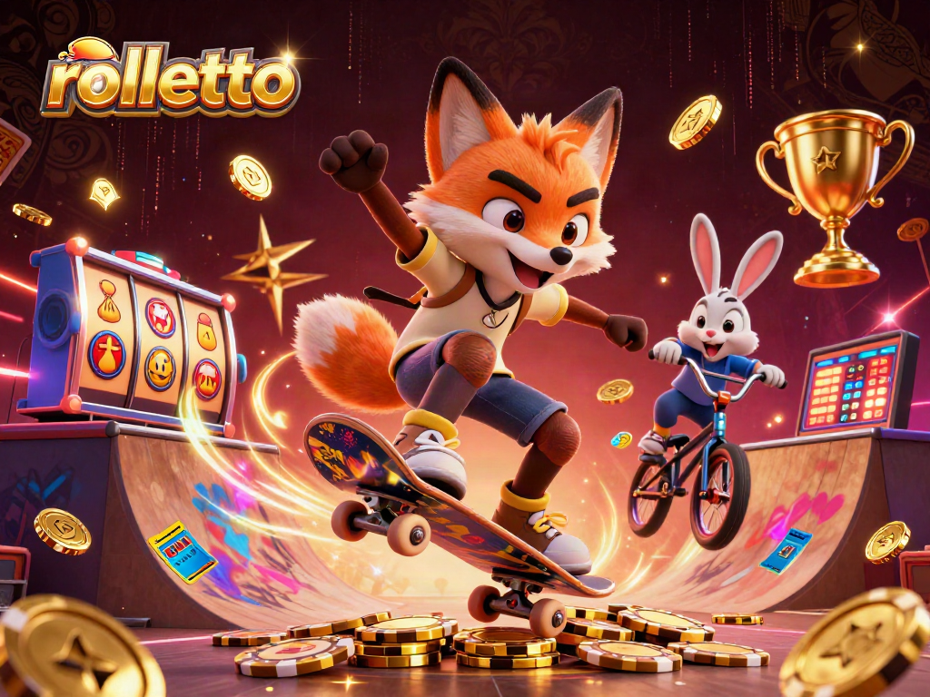 Experience rolletto's exciting gaming world with a skateboarder and BMX rabbit in a vibrant casino scene.