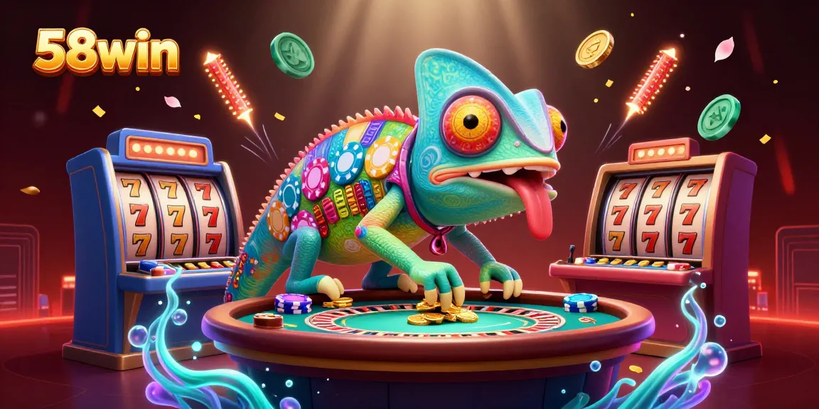 Play with 58win's dynamic chameleon casino owner amidst slot reels, jade coins, and confetti.