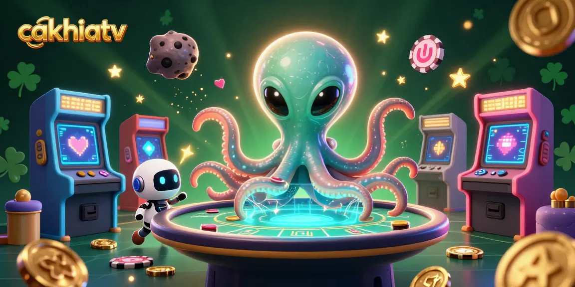 CakhiaTV offers vibrant poker gameplay with a whimsical octopus and robot companions.