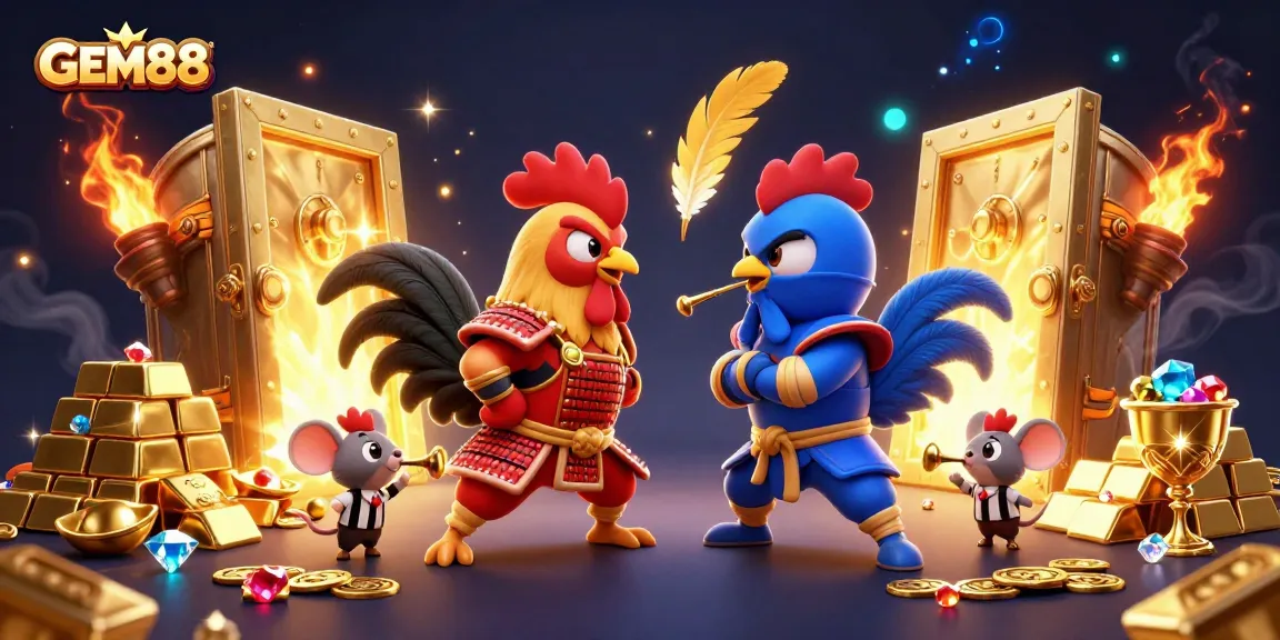 Experience thrilling action with GEM88's fighting roosters in an intense standoff, surrounded by golden treasures.