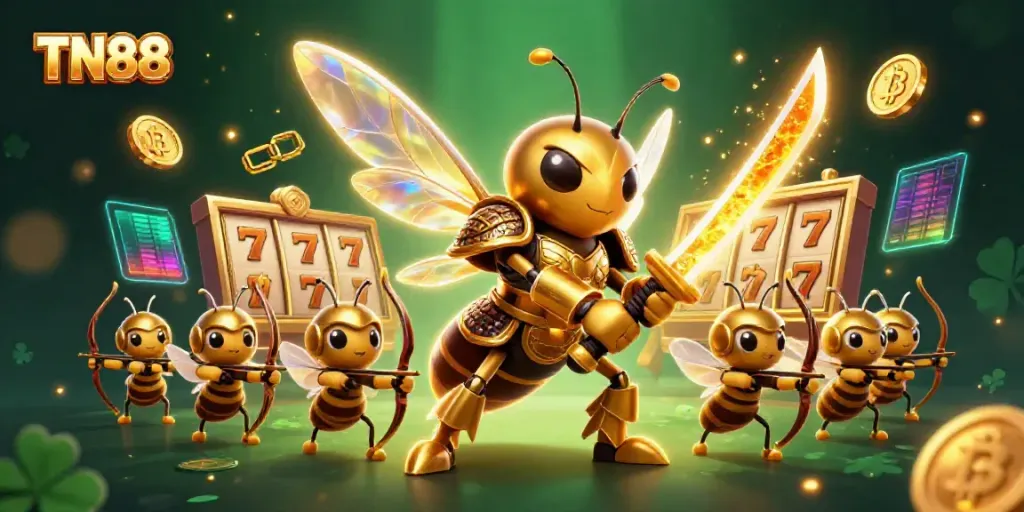 Engage with TN88's exciting slot games showcased in a vibrant 3D scene featuring dynamic characters and elements.