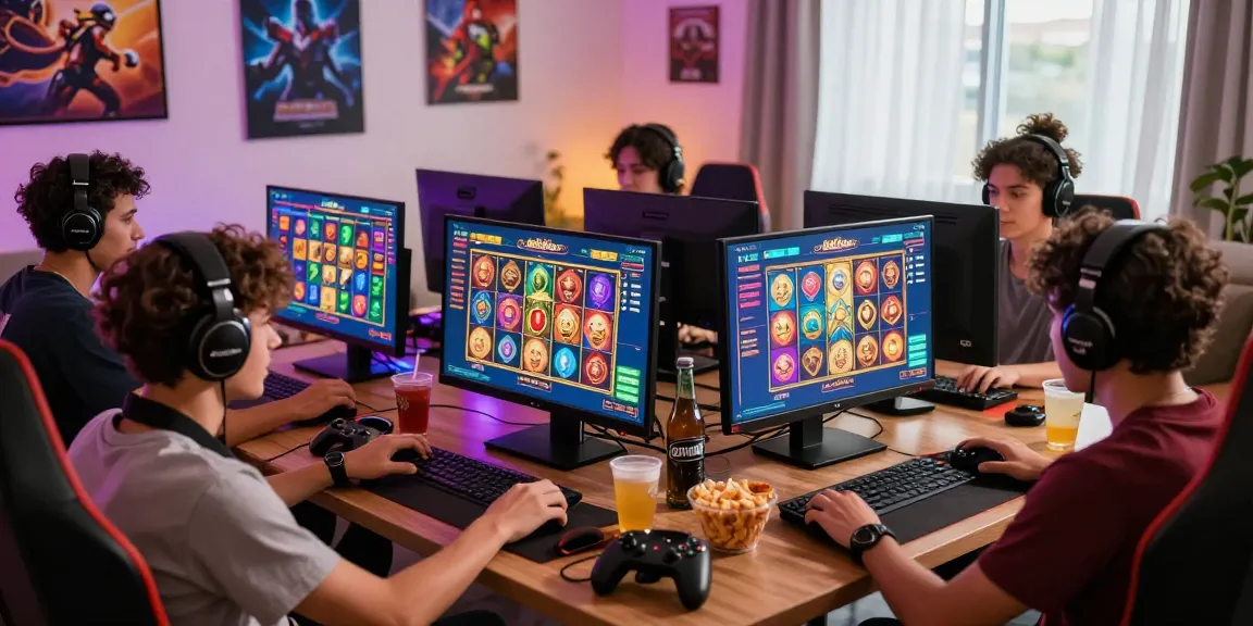 Players enjoying slot gacor games at home with vibrant setups and gaming accessories.