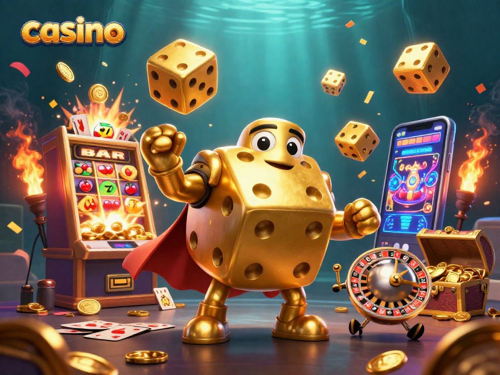 Engaging casino scene with a golden dice golem and jackpot slot machine spilling coins