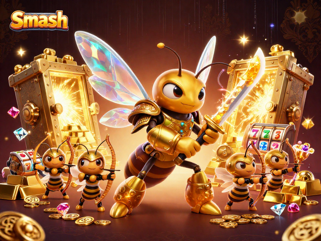 Smash Casino illustration depicts a vibrant scene with a golden hornet in samurai armor, dynamic game elements, and rich casino treasures.